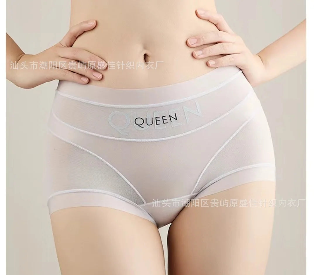 Lift Hip and Tummy Breathable Mesh Sexy Panties featuring a stylish white design with QUEEN logo.