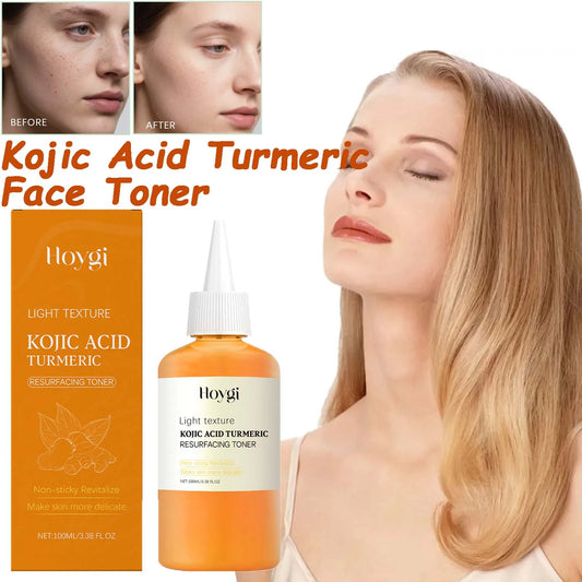 Before and after images showcasing the Brightening Kojic Acid Turmeric Toner results, with the product prominently displayed.