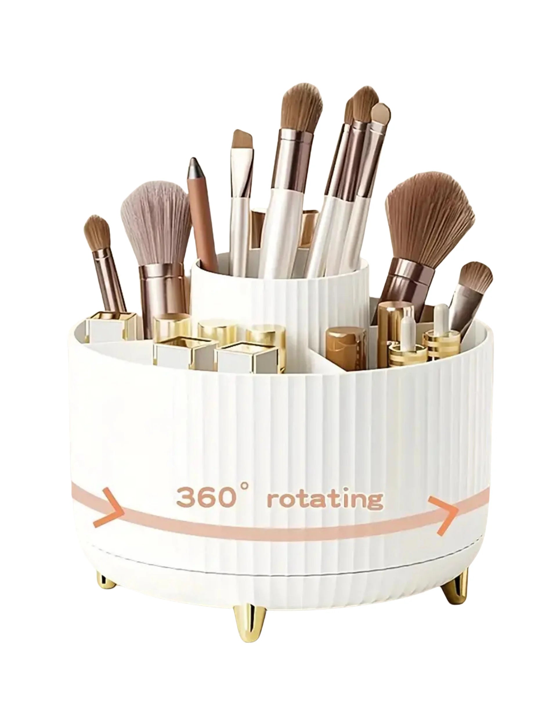 360 Rotating Makeup Storage Organizer with brushes and lipsticks, designed for easy access and organization.