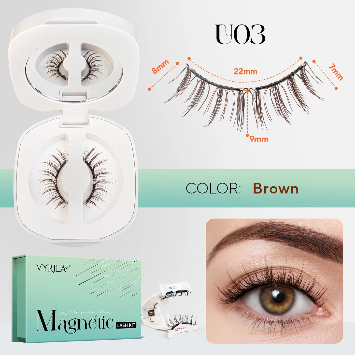 Magnetic Eyelashes Reusable Natural Look False Lashes in brown color with applicator and lash kit.