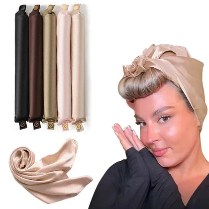 Heatless Hair Curler Curling Rod Headband collection featuring various colors and a model demonstrating its use.