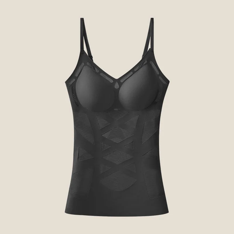 Seamless Mesh Cross Back Vest Women's Shapewear in black color with stylish design and supportive structure.