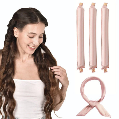 Heatless Hair Curler Curling Rod Headband with three curling rods and ribbon, ideal for creating heat-free curls.