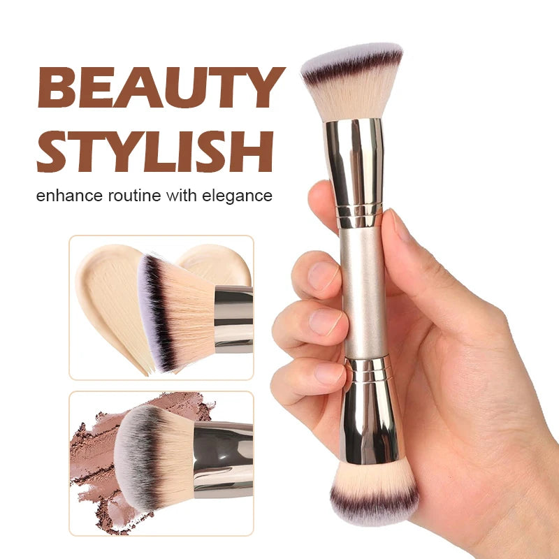 Dual Ended Foundation Brush for Liquid Powder held by a hand, showcasing stylish design and soft bristles for flawless makeup application.