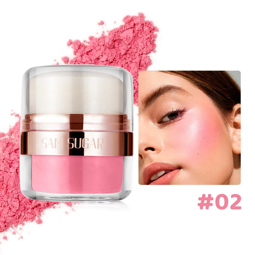 6 Color Air Cushion Blush Silky Smooth Matte Eye Shadow in pink shade with model wearing blush on cheek