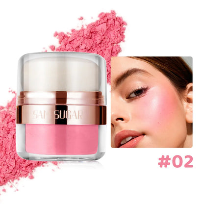 6 Color Air Cushion Blush Silky Smooth Matte Eye Shadow in pink shade with model wearing blush on cheek