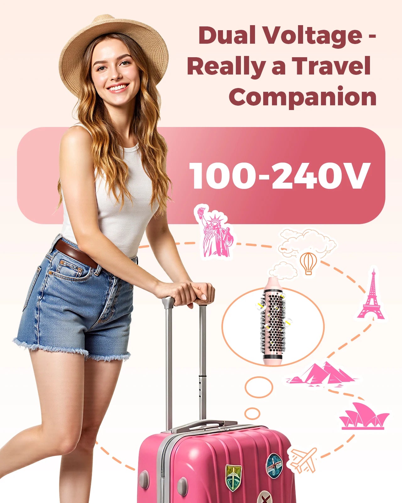 A woman traveling with a pink suitcase, featuring the Dual Voltage Ionic Thermal Brush, highlighting its travel-friendly 100-240V feature.