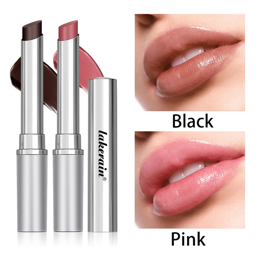 Long Lasting Moisturizing Lipstick in Black and Pink shades with glossy finish and smooth application on lips.