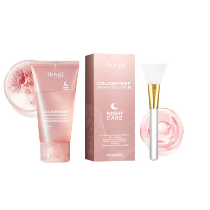 Collagen Night Wrapping Sleeping Mask packaging and applicator alongside product in jar for nighttime skincare routine.