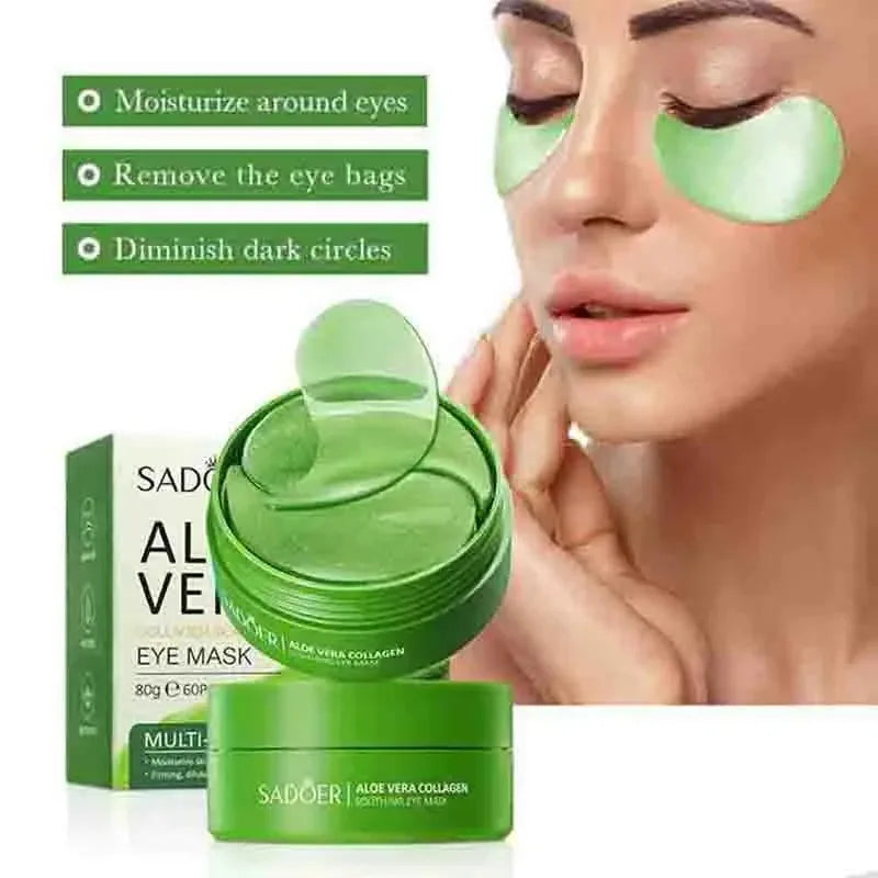 Aloe Vera Collagen Eye Mask for Dark Circles & Puffiness with model applying eye mask and product packaging visible.