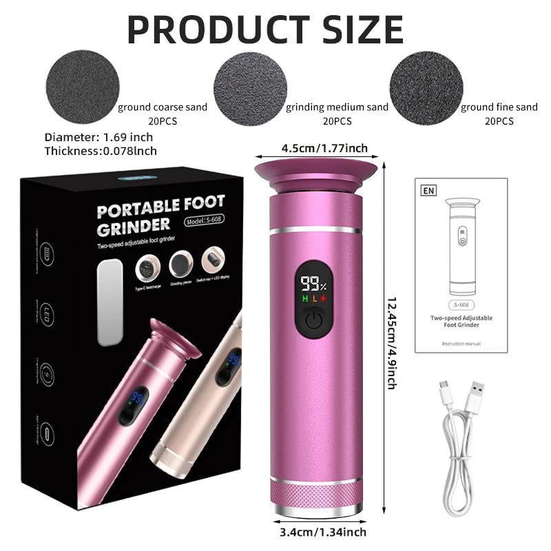 Electric Aluminum Foot Callus Remover Grinder Tool with product size specifications and design features.