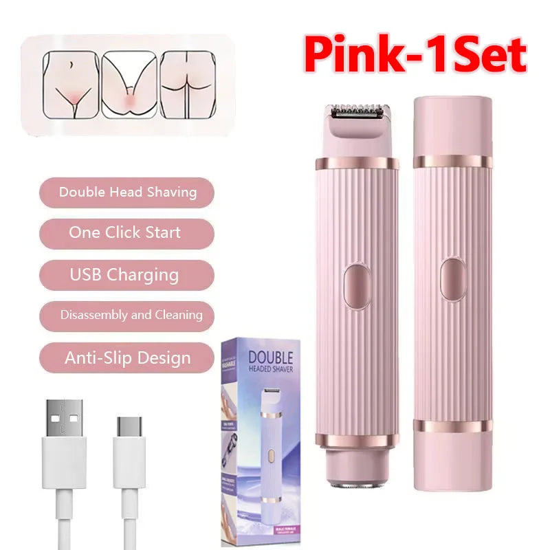 Rechargeable 2-in-1 Electric Hair Shaver in pink with USB charging and double-headed shaving features.