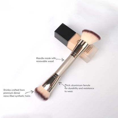 Dual Ended Foundation Brush for Liquid Powder with premium synthetic bristles and renewable wood handle.