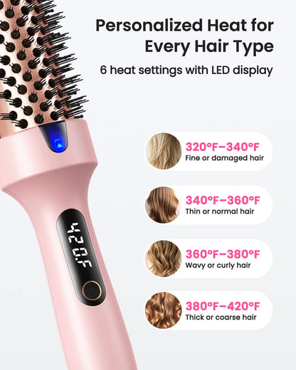Dual Voltage Ionic Thermal Brush with personalized heat settings for every hair type and LED display.