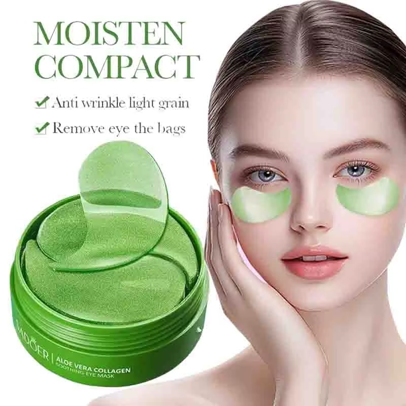 Aloe Vera Collagen Eye Mask for Dark Circles & Puffiness applied on a woman's eyes for hydration and anti-aging benefits.