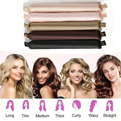 Heatless Hair Curler Curling Rod Headband displayed in various colors with models showcasing different hairstyles.