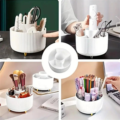 360 Rotating Makeup Storage Organizer showcasing different uses for makeup, pens, and office supplies in a sleek white design.