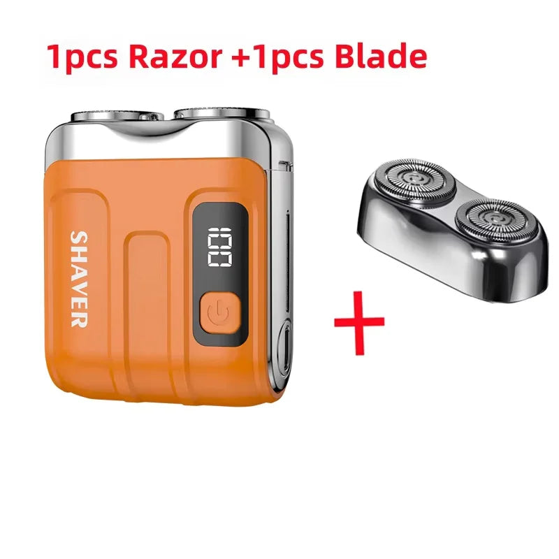 Rotary Mini Electric Smart Shaver with an orange body, featuring a digital display and a replacement blade.
