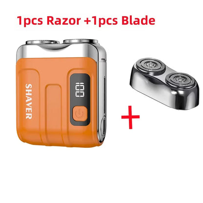 Rotary Mini Electric Smart Shaver with an orange body, featuring a digital display and a replacement blade.