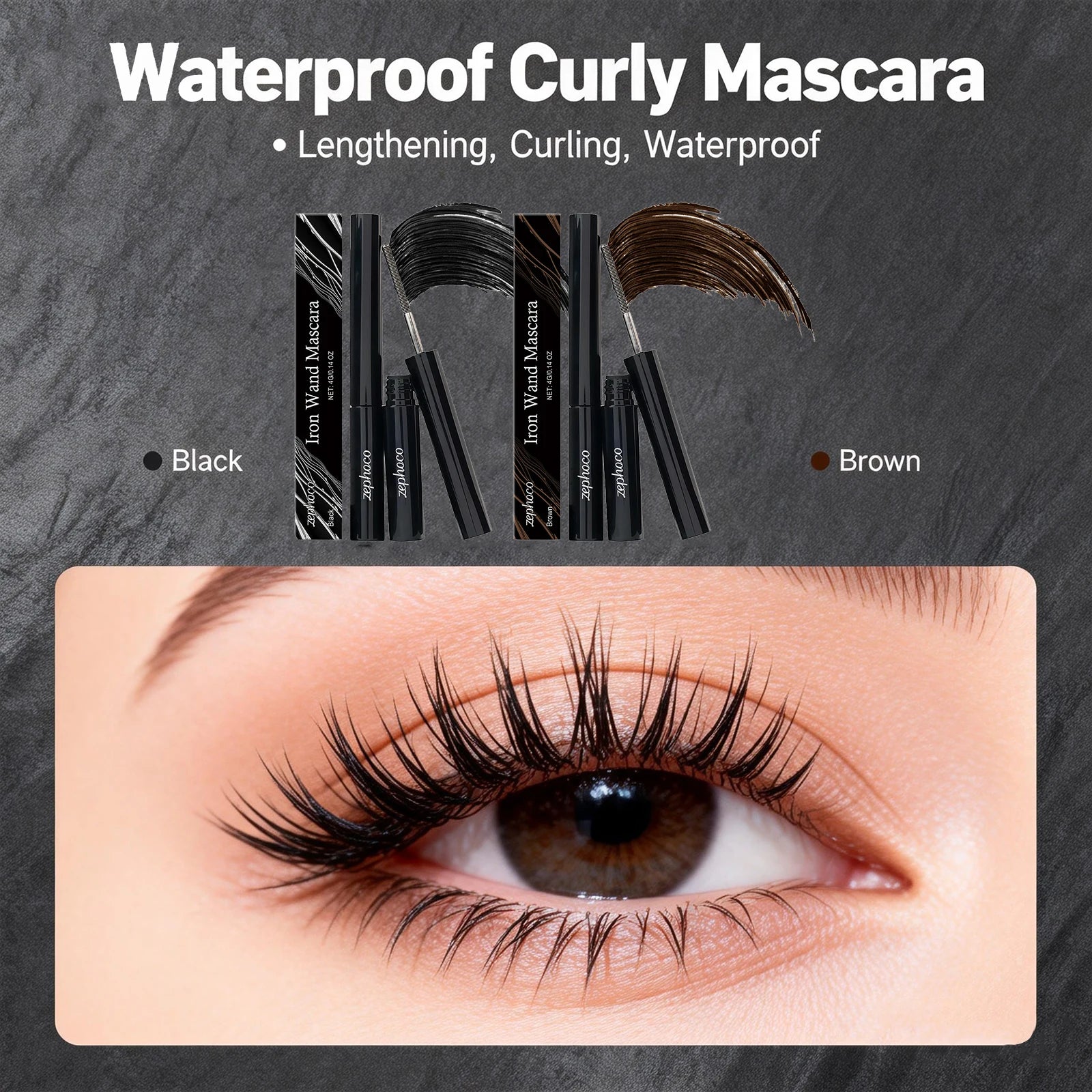 Blaire Iron Wand Lengthening & Curling Mascara for flawless, long, and curled lashes in black and brown shades.