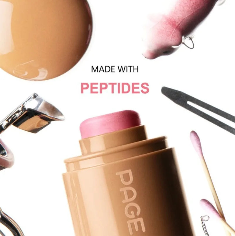 3-in-1 Cheek Lip Tinted Moistured Blush and beauty tools, made with peptides, on a clean background.