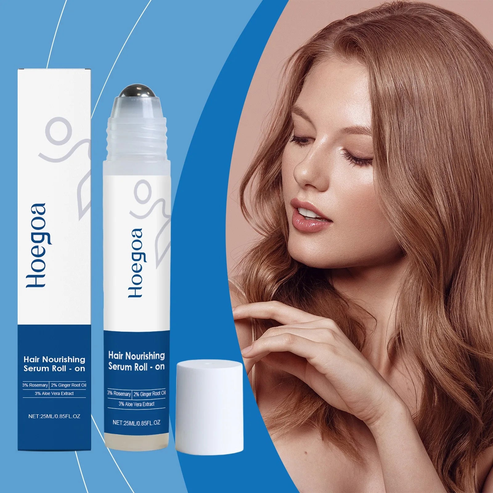 Aparthy Hair Growth Roll on Serum in packaging next to a woman with shiny, healthy hair.