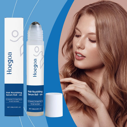 Aparthy Hair Growth Roll on Serum in packaging next to a woman with shiny, healthy hair.