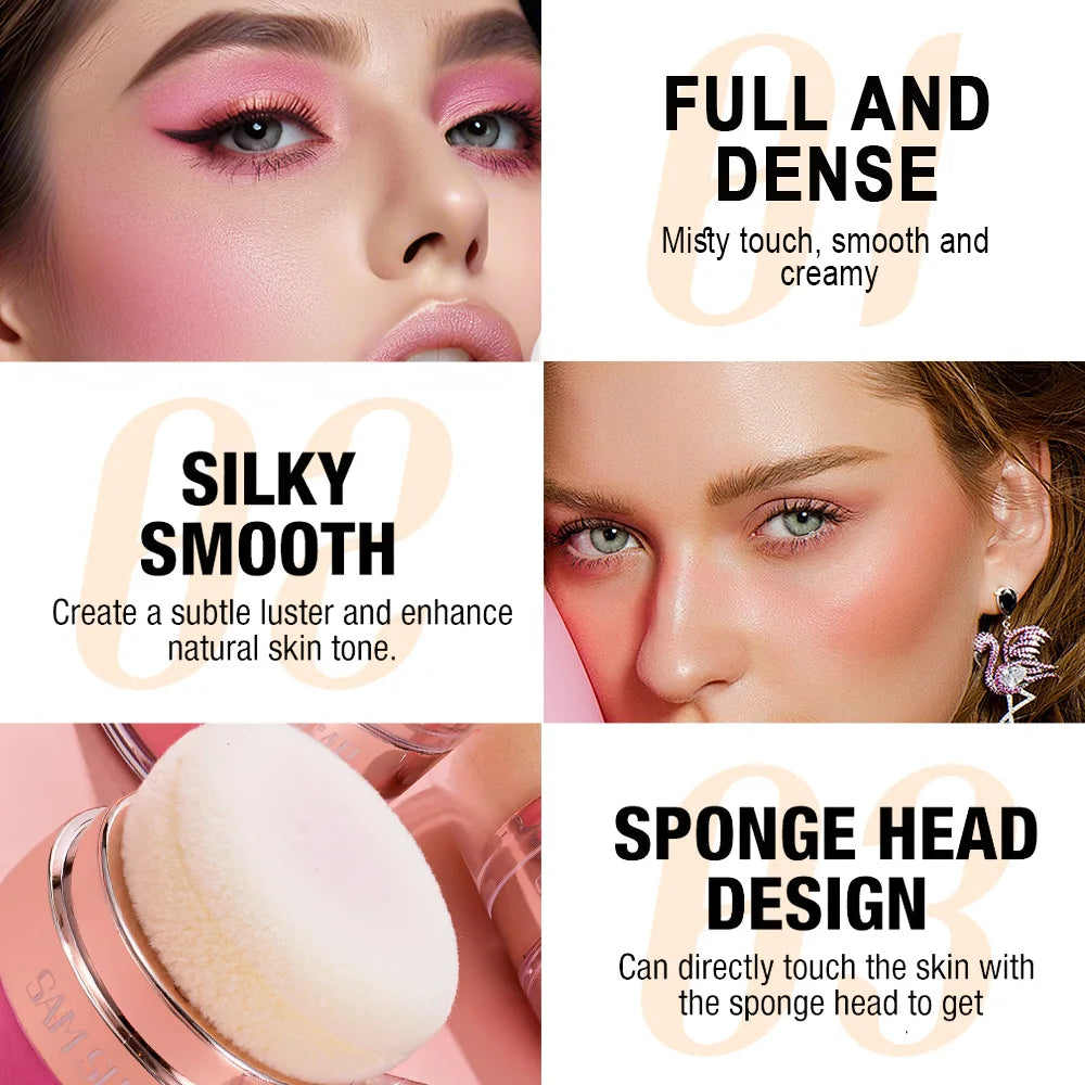 Image showcasing benefits of 6 Color Air Cushion Blush Silky Smooth Matte Eye Shadow: full and dense finish, silky smooth texture, and sponge head design.