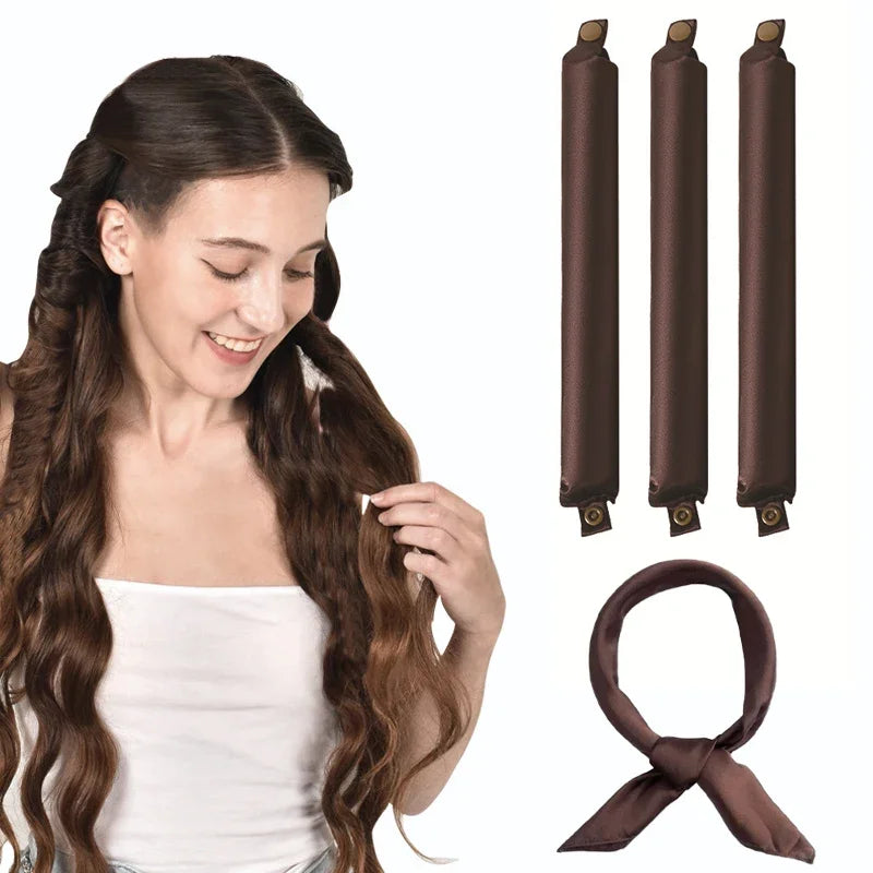 Woman using Heatless Hair Curler Curling Rod Headband with soft curls and curling rods showcased.