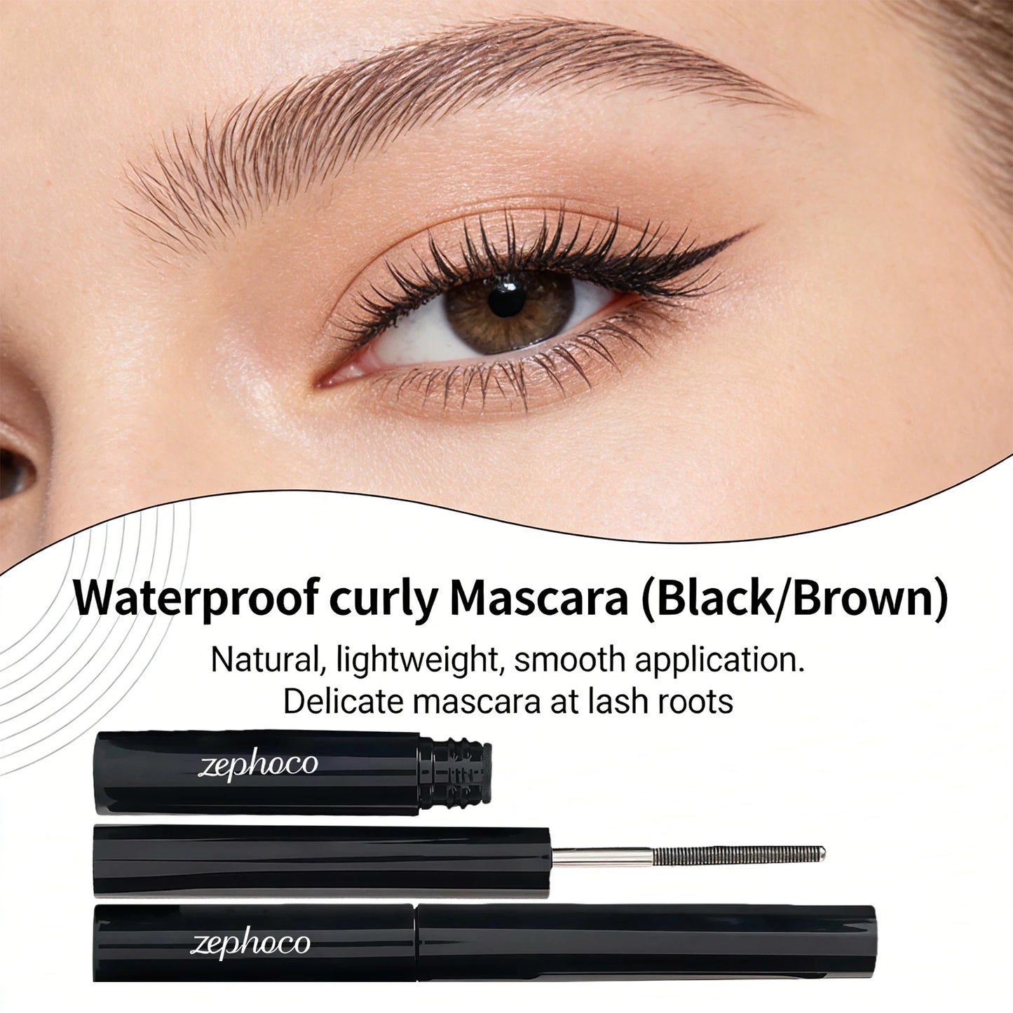 Blaire Iron Wand Lengthening & Curling Mascara in black/brown, providing long, defined lashes with a smooth application.