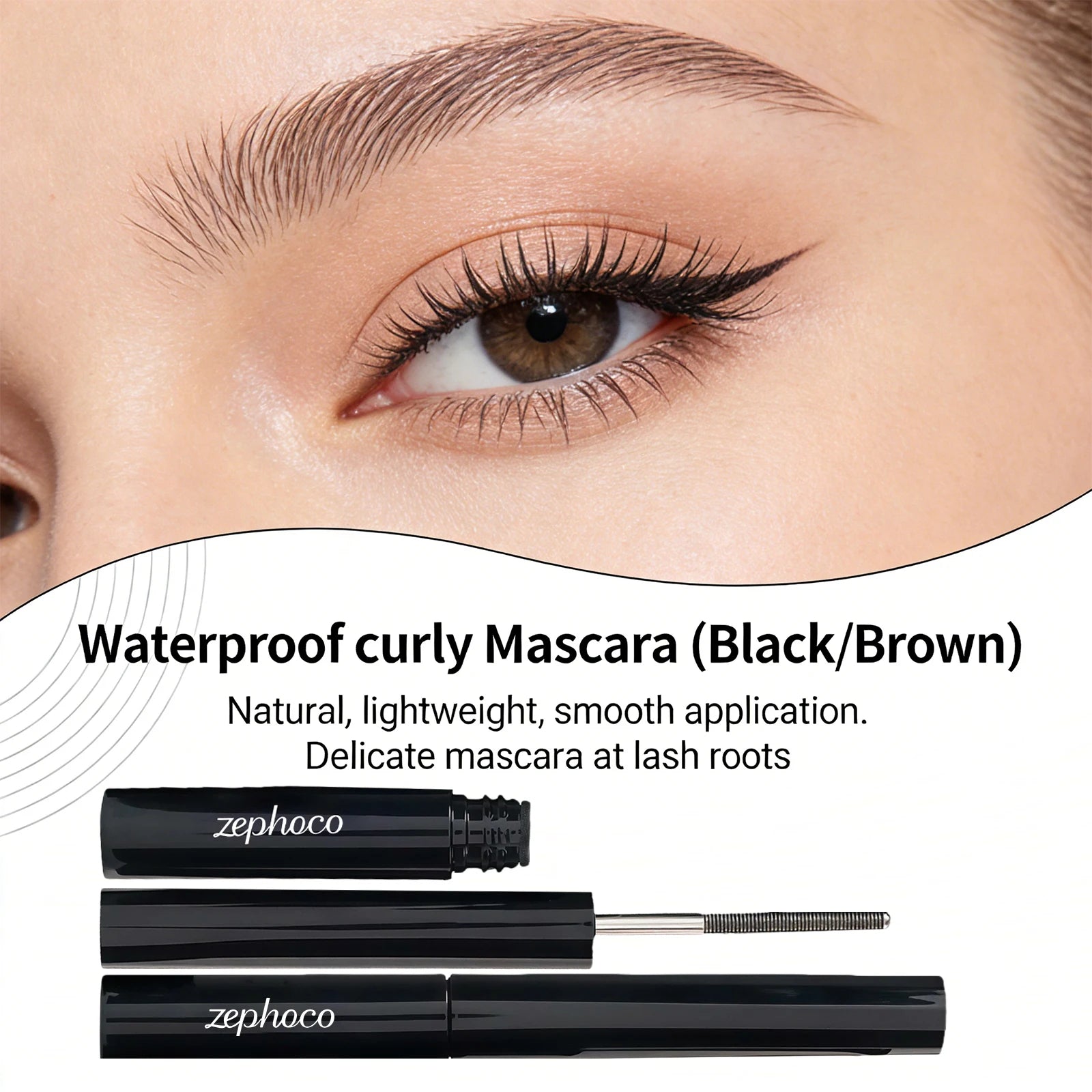 Blaire Iron Wand Lengthening & Curling Mascara in black/brown, providing long, defined lashes with a smooth application.