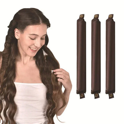 Heatless Hair Curler Curling Rod Headband set in use by a woman with long wavy hair, showcasing heatless styling.
