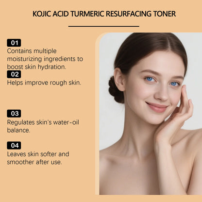 Brightening Kojic Acid Turmeric Toner features benefits for improved skin hydration and texture.