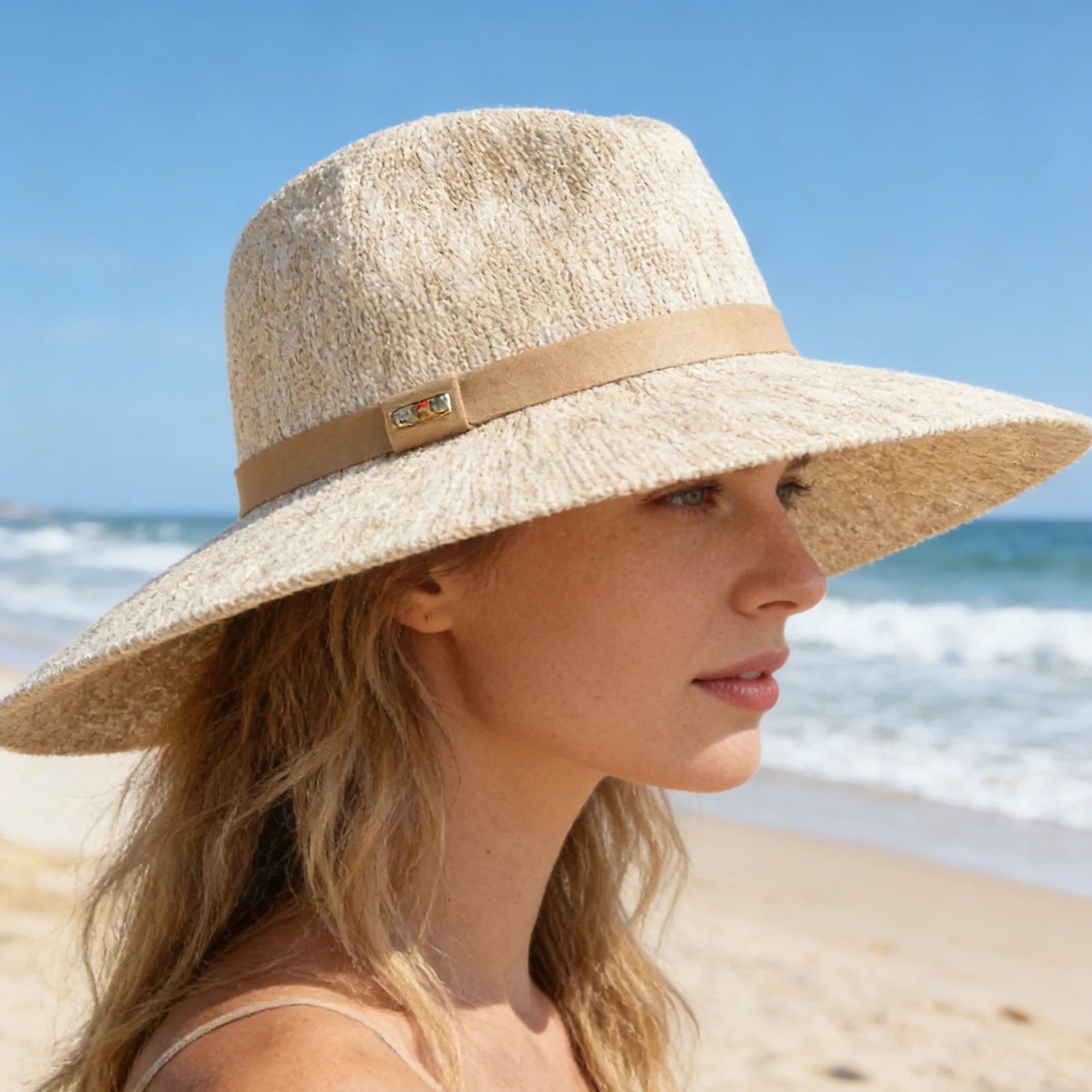 Model wearing a Packable Fedora Hat Wide Brim Travel Summer Unisex at the beach.