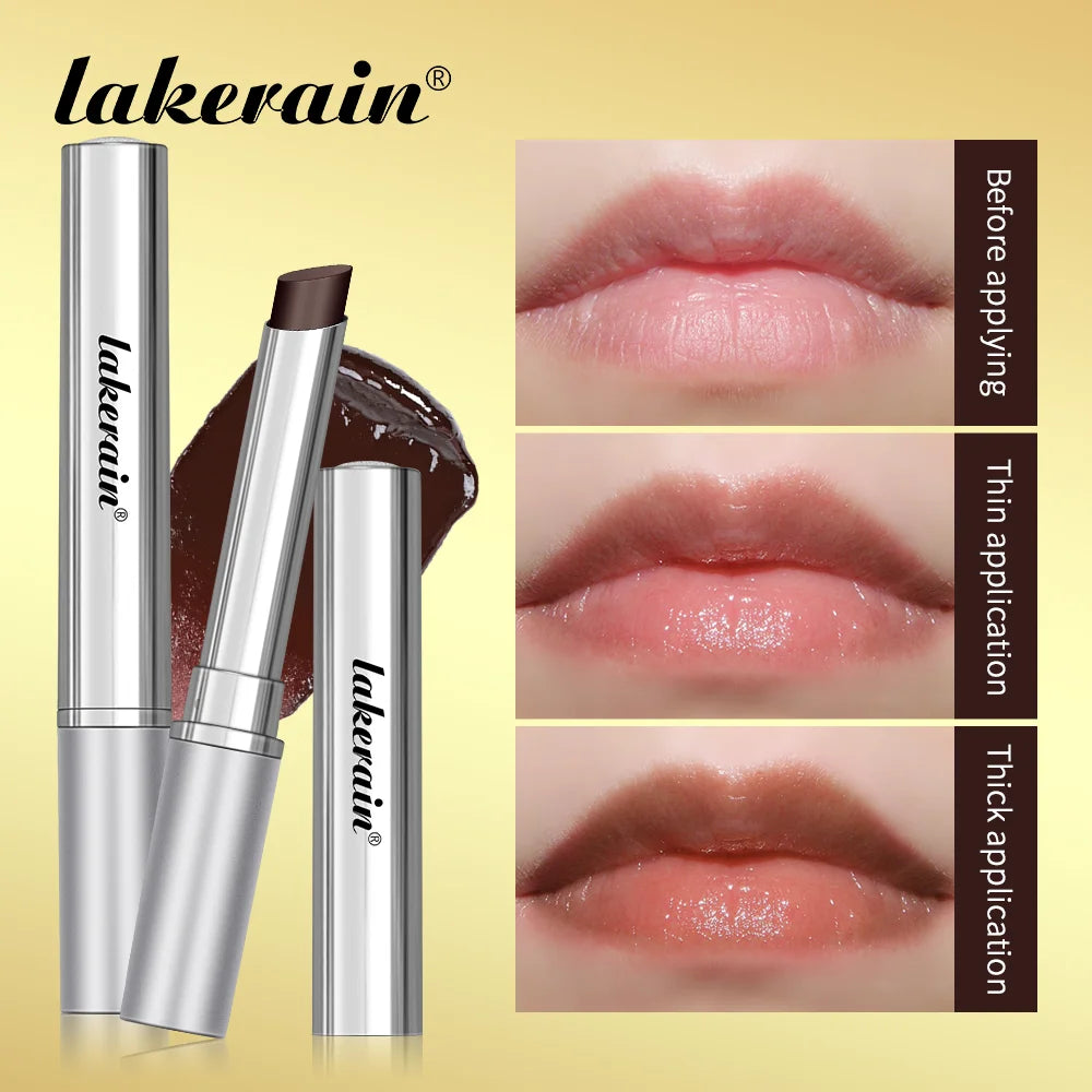 Long Lasting Moisturizing Lipstick shown before applying, with thin and thick application examples on lips.