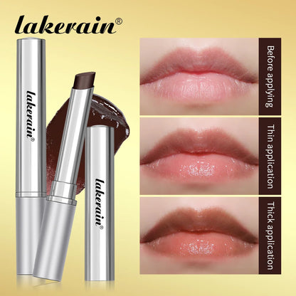Long Lasting Moisturizing Lipstick shown before applying, with thin and thick application examples on lips.