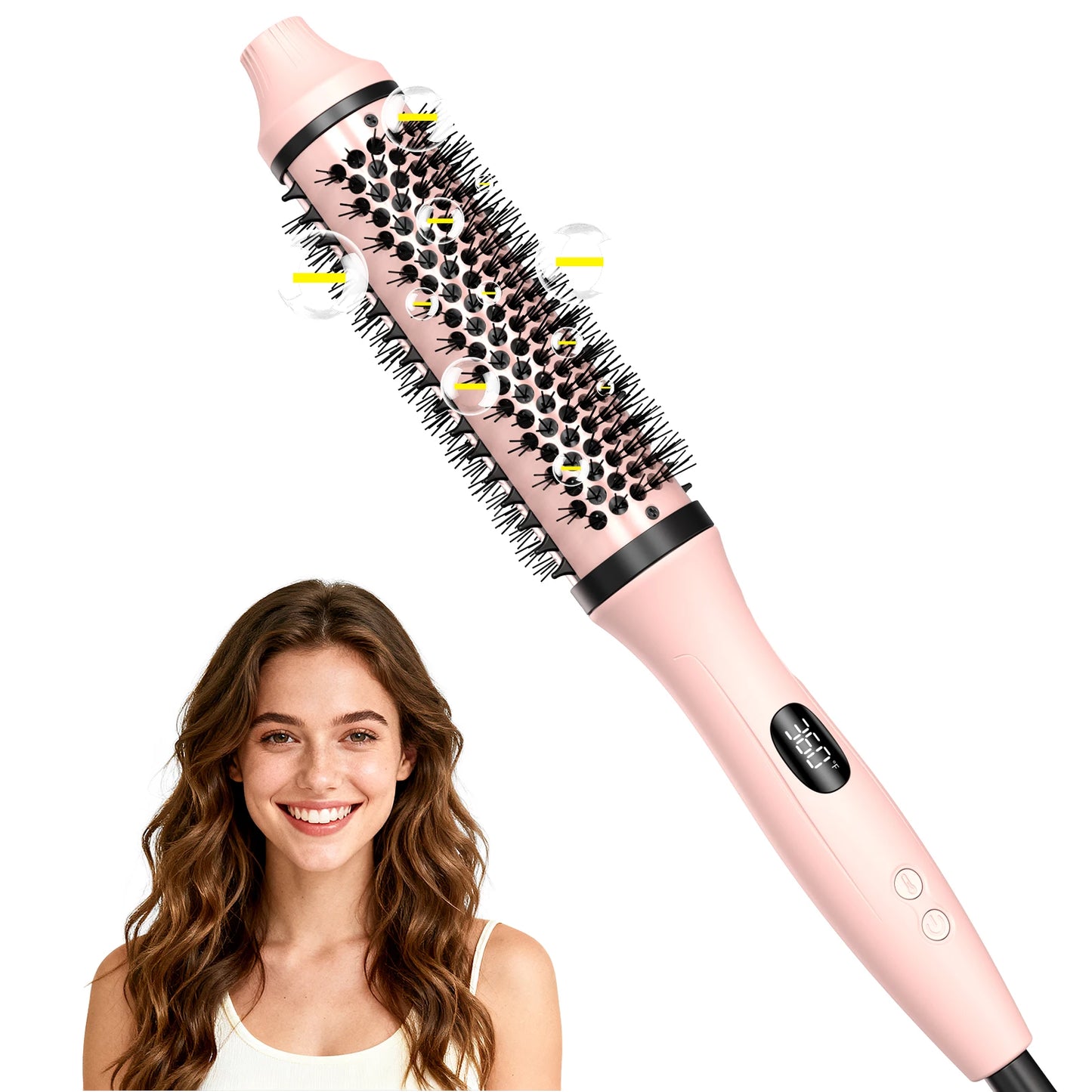 Dual Voltage Ionic Thermal Brush with a woman smiling, showcasing its sleek design and effective styling capabilities.