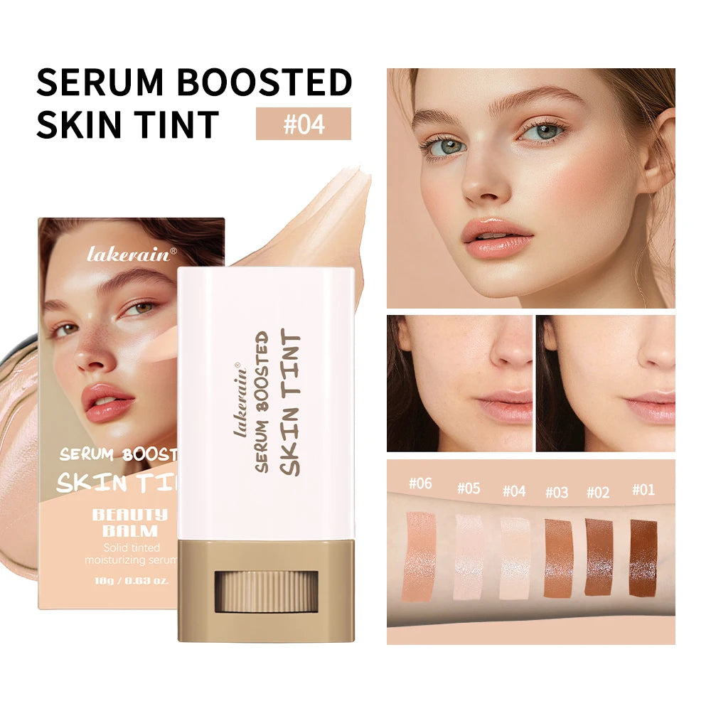 Even Skin Tone Best Stick Foundation Travel Makeup with Serum Boosted Skin Tint #04, showcasing model application and product packaging.
