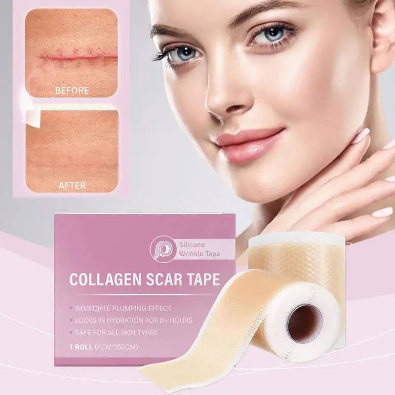 Image of Reusable Silicone Collagen Sheets for Wrinkle & Fine Lines before and after usage with packaging.