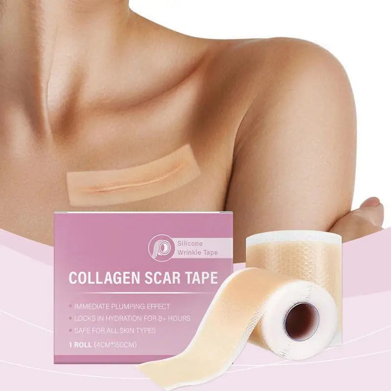 Reusable Silicone Collagen Sheets for Wrinkle & Fine Lines displayed on skin with product packaging.
