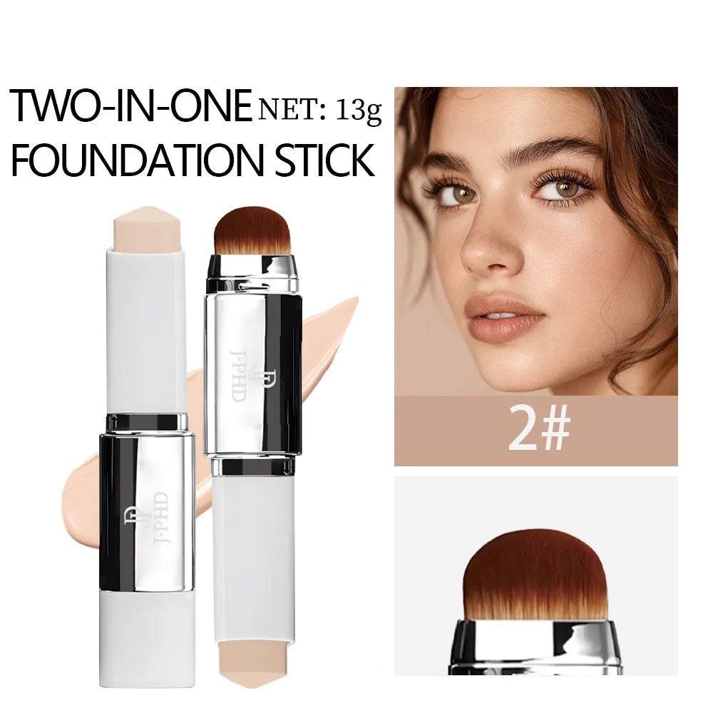 Two-in-one Brush Head Foundation Stick with brush applicator and model showcasing flawless skin.