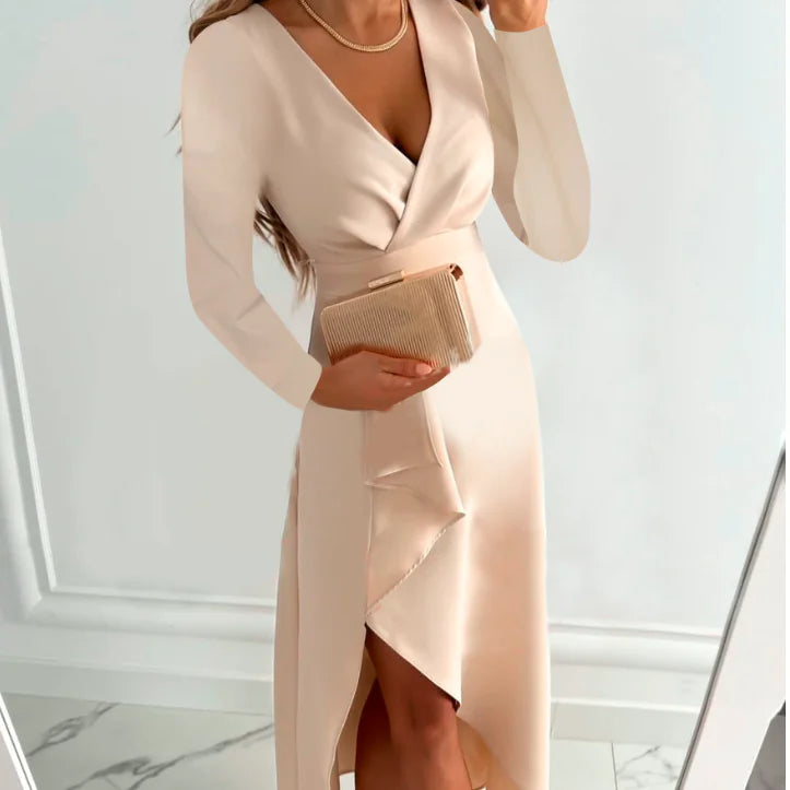 Women's Long-sleeved V-neck Pleated Split Dress in elegant beige with long sleeves and a stylish split, paired with a clutch.
