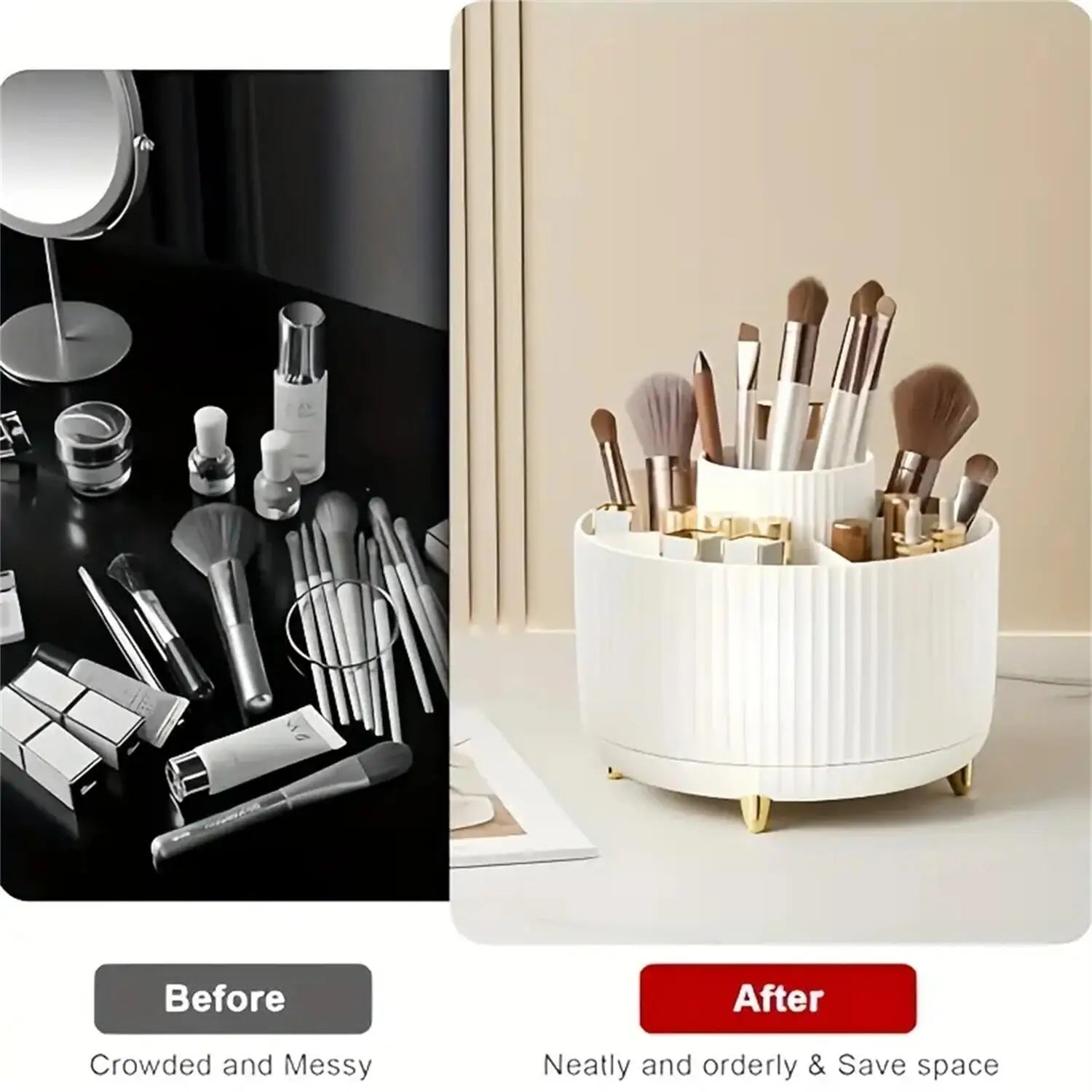Before and After image of a 360 Rotating Makeup Storage Organizer showing cluttered tools vs. organized makeup brushes.