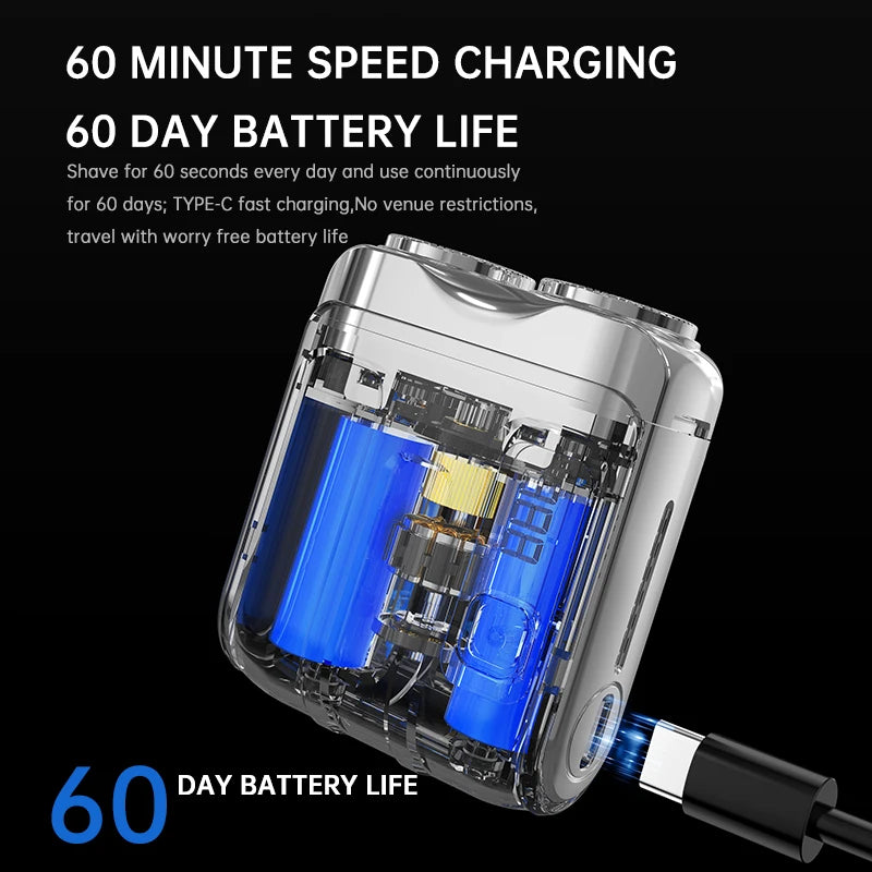 Close-up of Rotary Mini Electric Smart Shaver showcasing 60 minute speed charging and 60 day battery life.