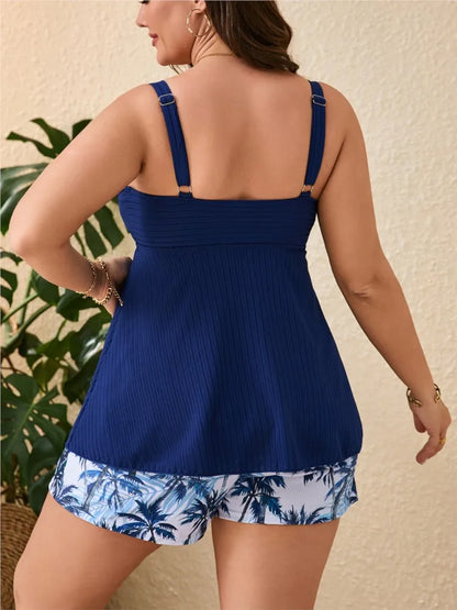 2026 Summer Mujer Tummy Control Swimwear Bikini Sets in navy and palm print, showcasing comfort and style for summer.