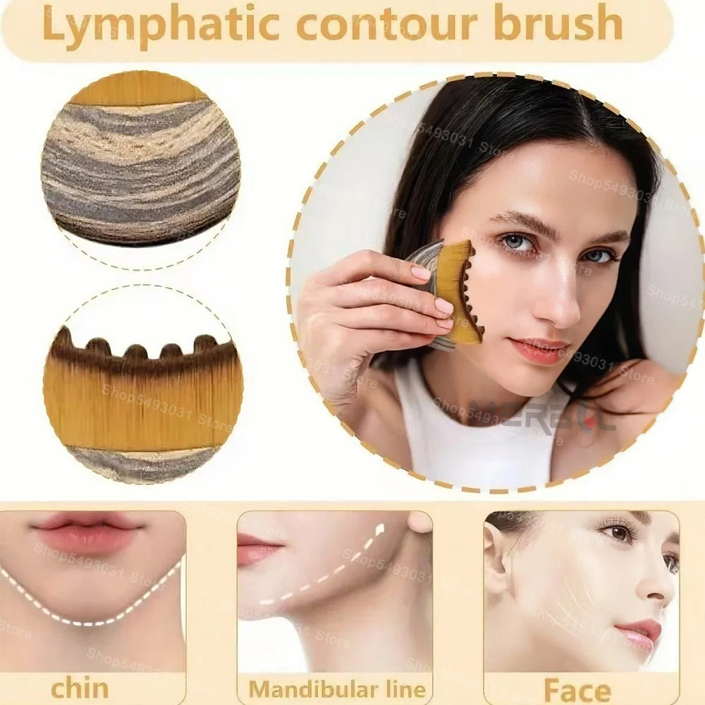 Lymphatic Face Brush for Deep Cleansing & Facial Massage shown with bristle details and a woman using it on her face.