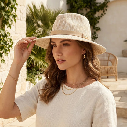 Packable Fedora Hat Wide Brim Travel Summer Unisex worn by a woman outdoors, showcasing its stylish design.