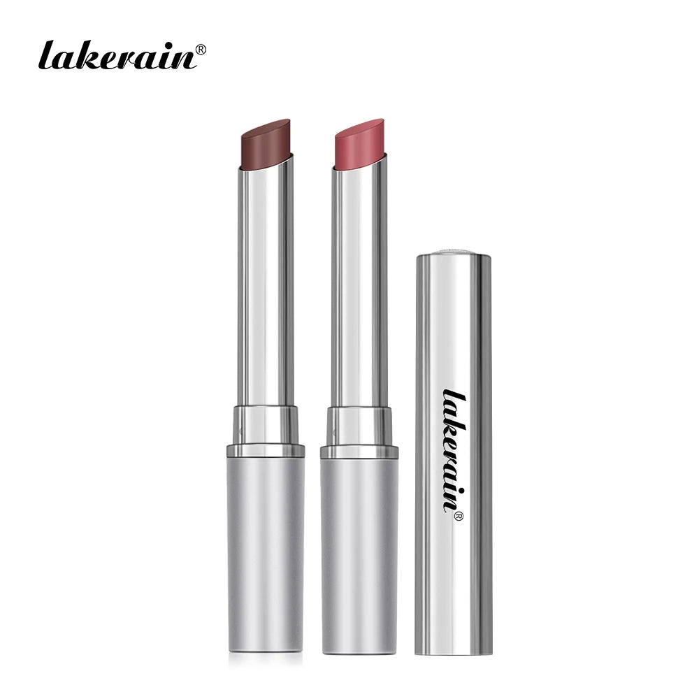 Long Lasting Moisturizing Lipstick by Lakerain in two shades with a sleek silver case.