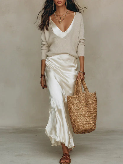 Elena  Midi Satin Dress with Included Sweater