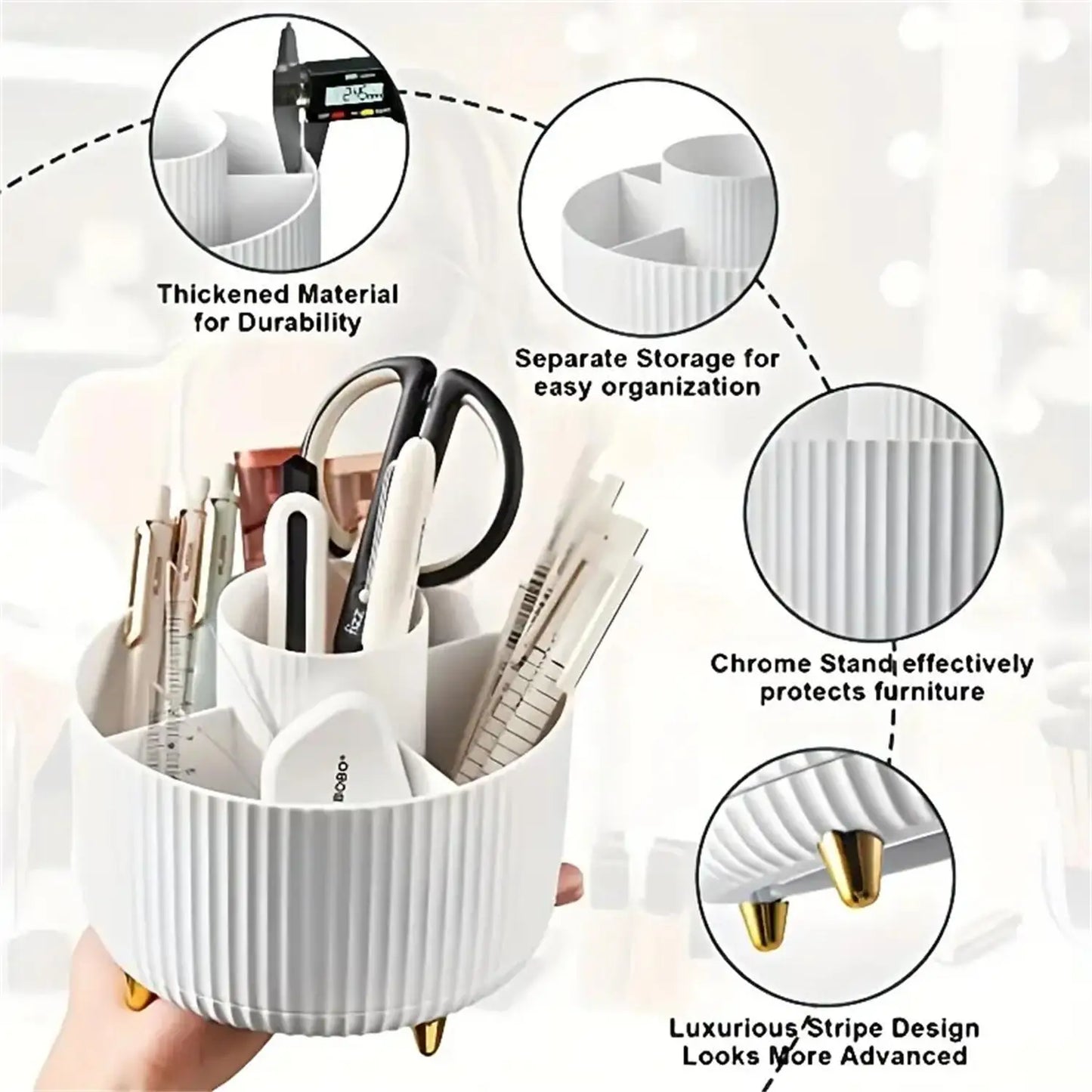 360 Rotating Makeup Storage Organizer featuring thickened material for durability and chrome stand for furniture protection.